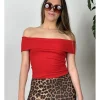 Camiseta bardot canalé roja