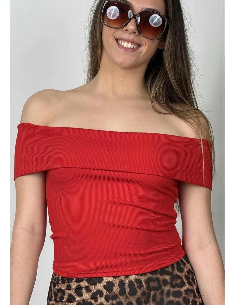 Camiseta bardot canalé roja