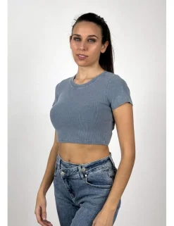 Camiseta delavada canalé azul