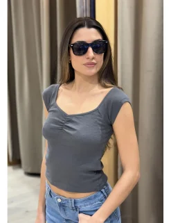 Camiseta frunce jaspeada gris marengo