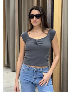 Camiseta frunce jaspeada gris marengo