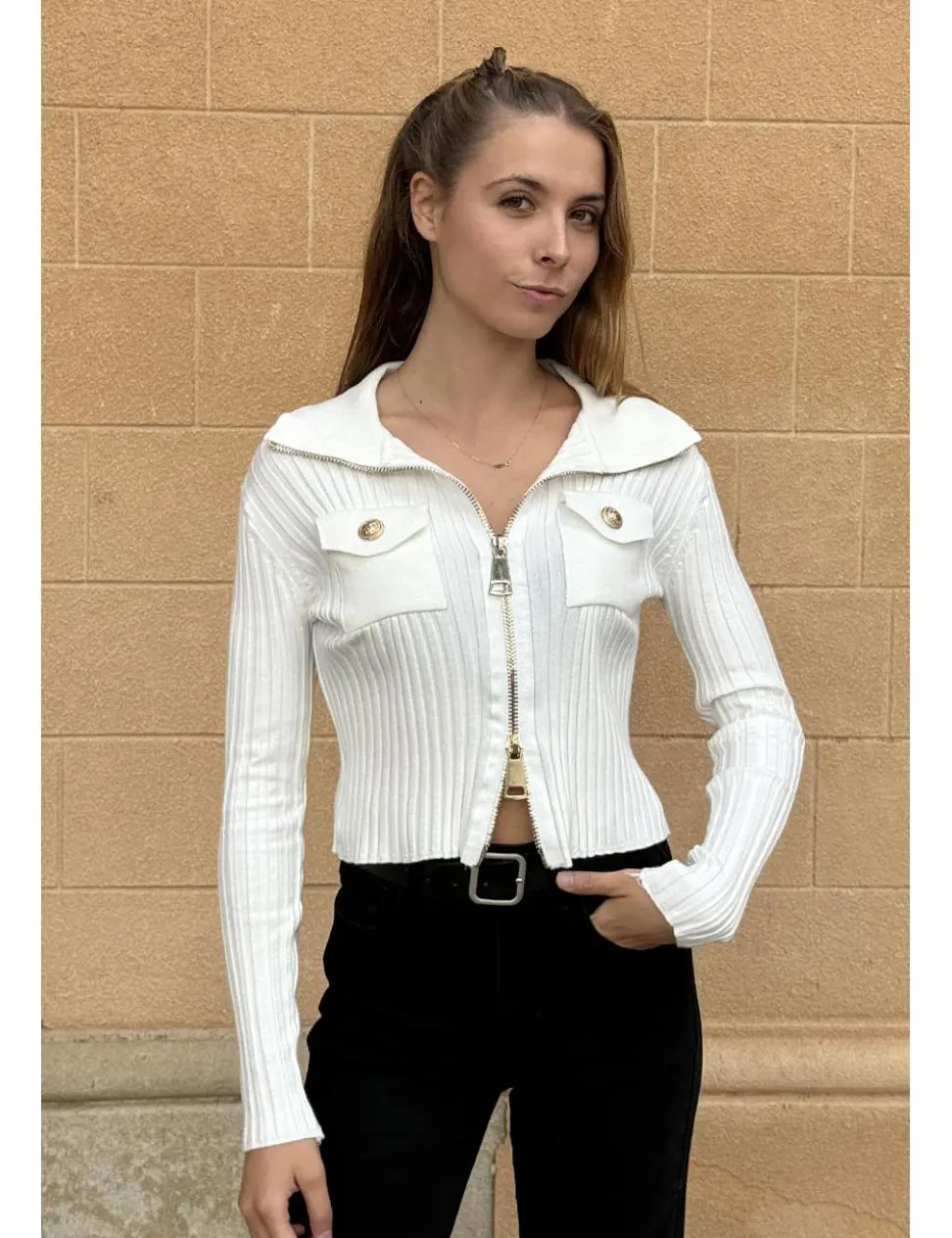 Chaqueta canalé dos bolsillos blanca