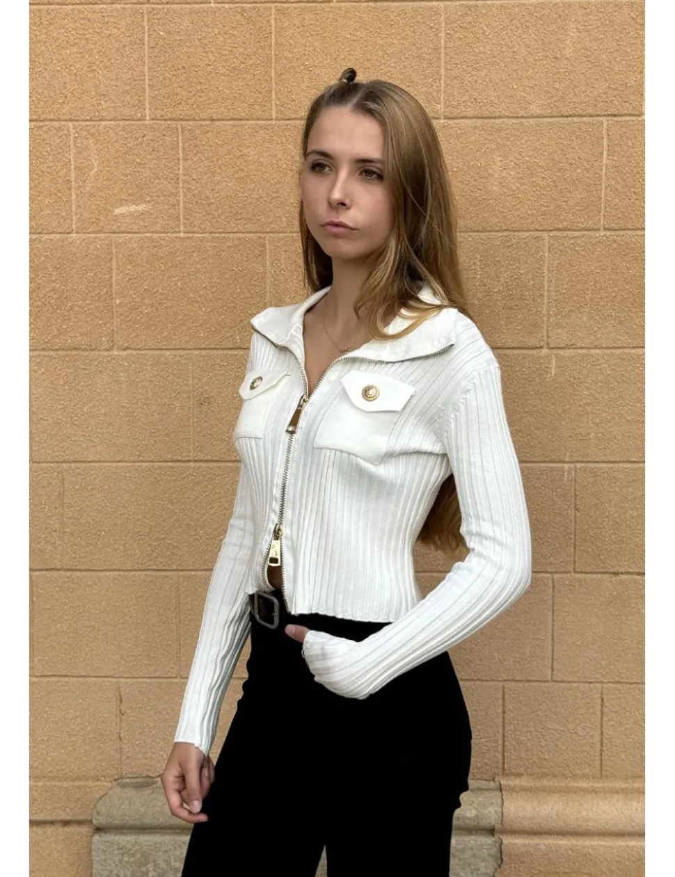 Chaqueta canalé dos bolsillos blanca
