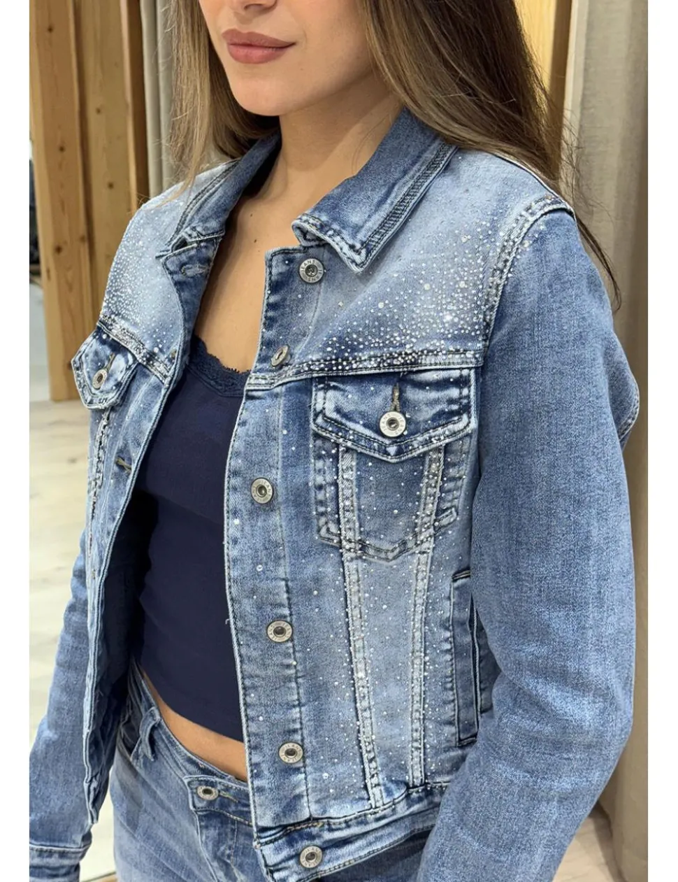 Chaqueta tejana brillos azul denim
