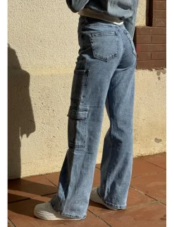 Jeans cargo wide leg azul delavado