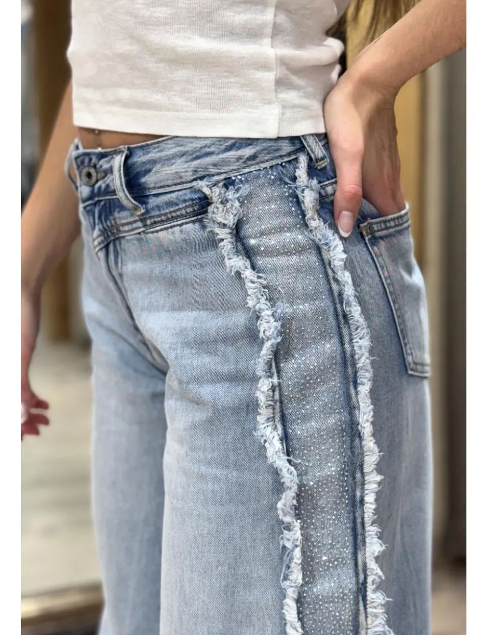 Jeans super wide leg brillos azul