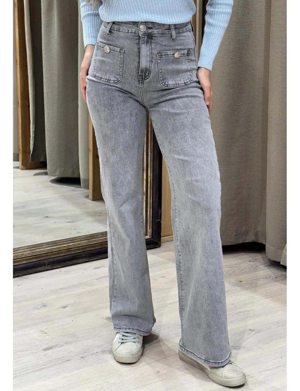 Jeans wide leg bolsillos gris