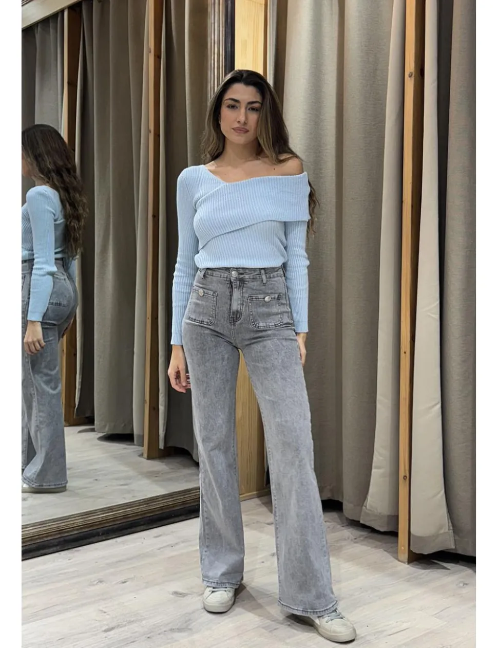 Jeans wide leg bolsillos gris