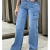 Jeans wide leg cargo azul lavado