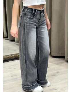 Jeans wide leg deshilachado gris