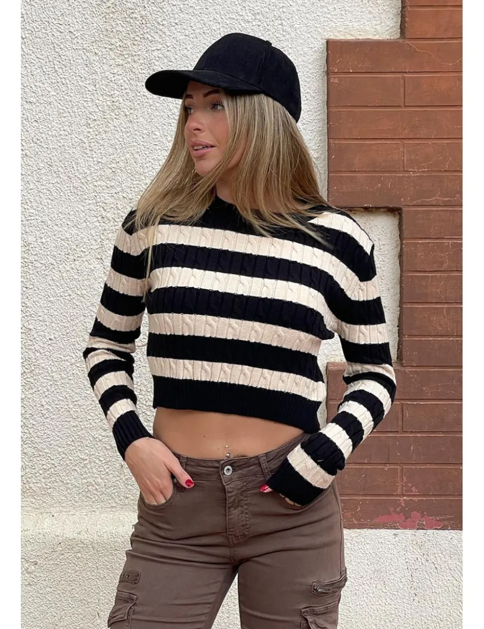 Jersey trenzado rayas negro-crudo