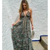 Vestido boho largo estampado negro-turquesa