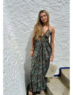 Vestido boho largo estampado negro-turquesa