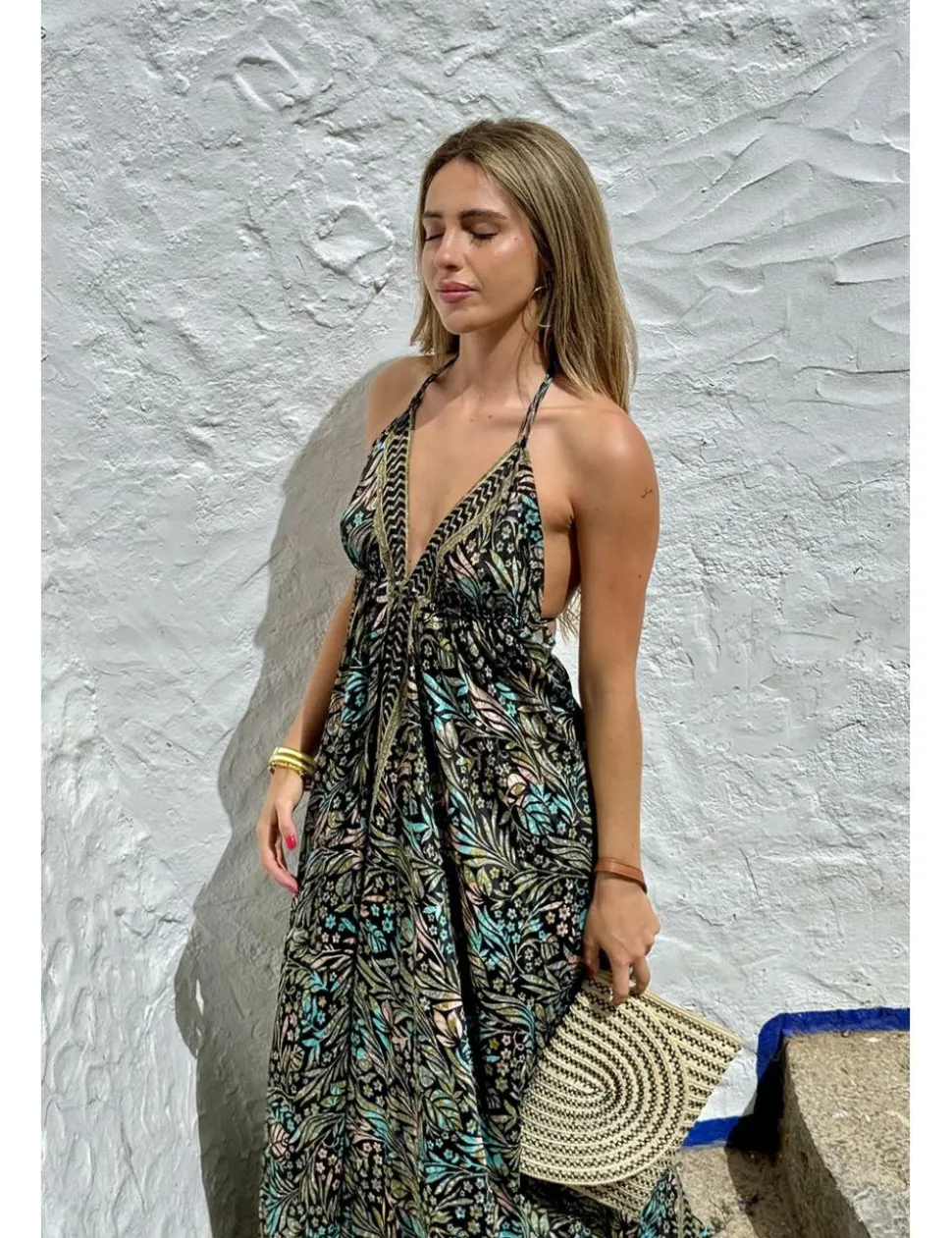 Vestido boho largo estampado negro-turquesa