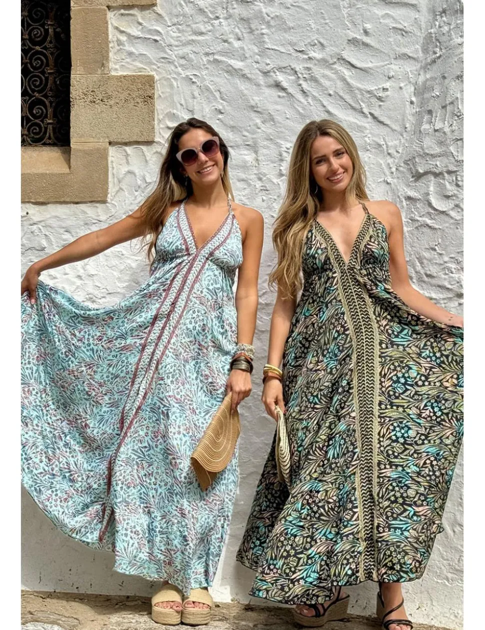 Vestido boho largo estampado negro-turquesa