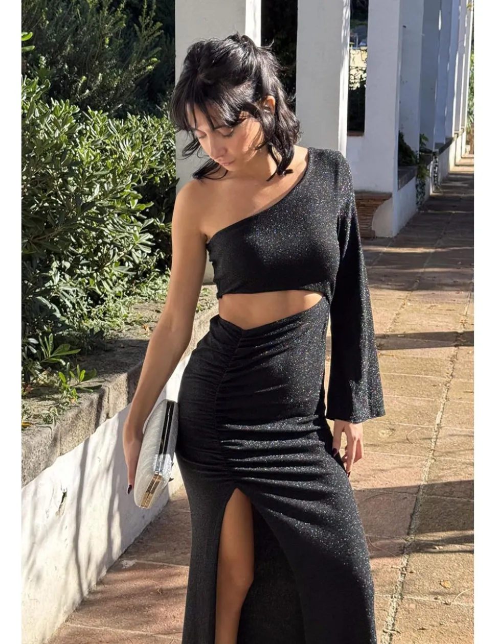 Vestido cut out lurex negro