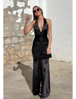 Vestido de raso drapeado negro