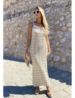 Vestido ganchillo ondas beige-crudo