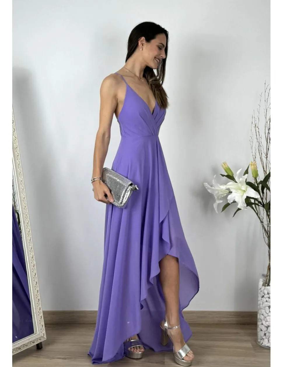 Vestido gasa falda asimétrica malva