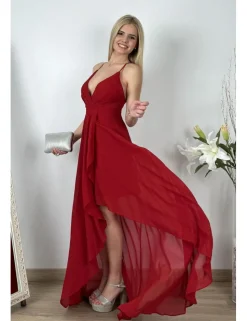 Vestido gasa falda asimétrica burdeos