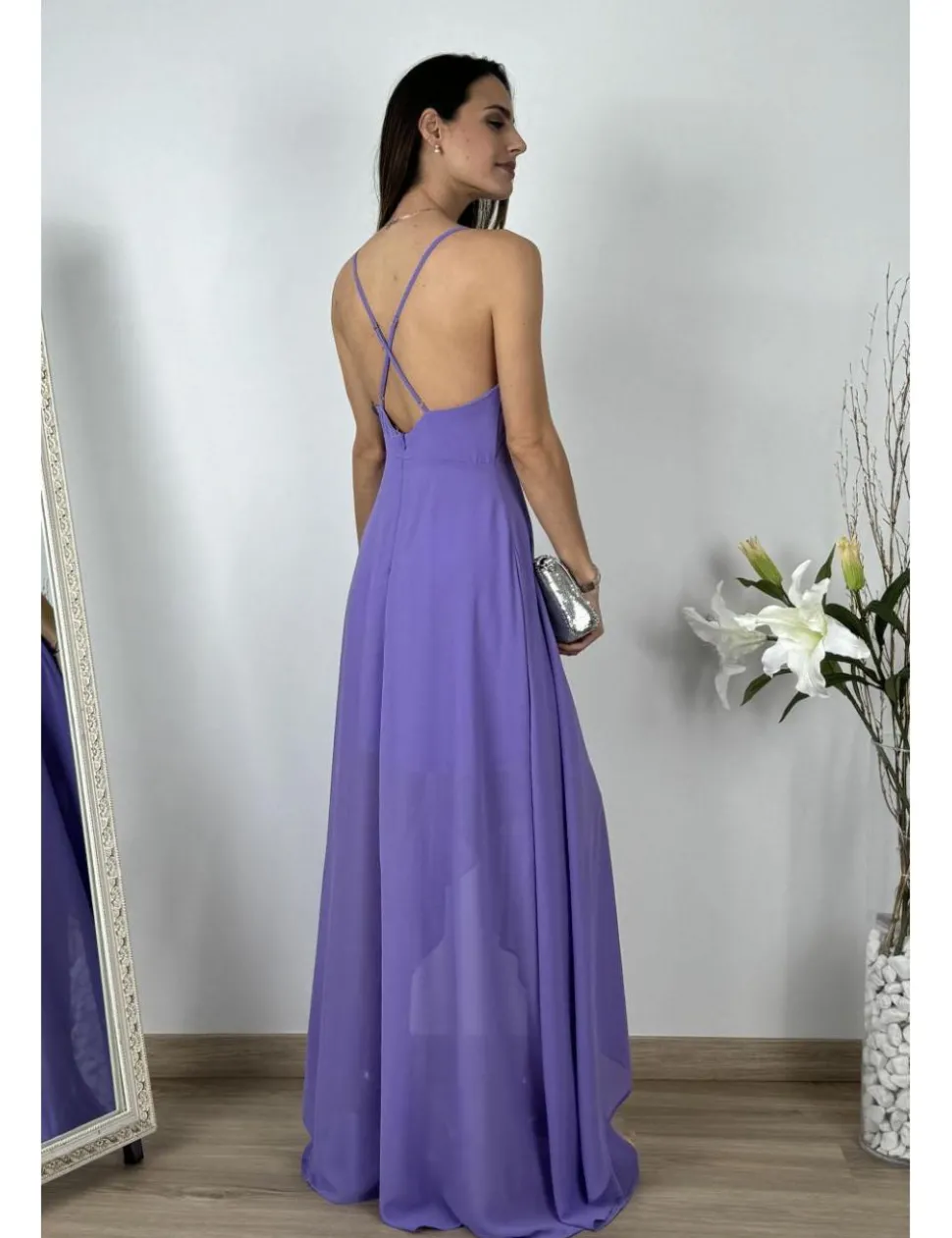 Vestido gasa falda asimétrica malva