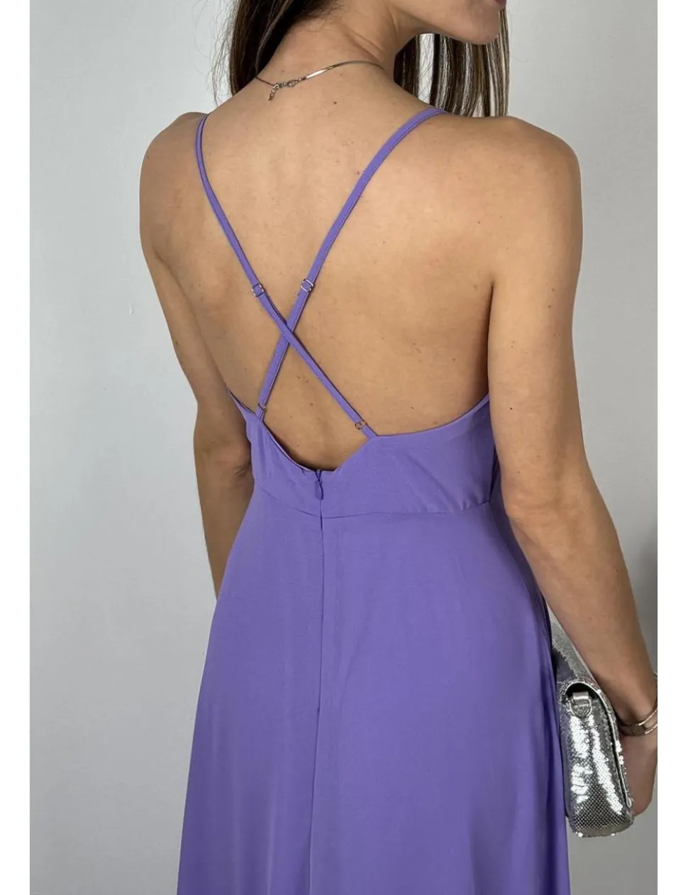 Vestido gasa falda asimétrica malva