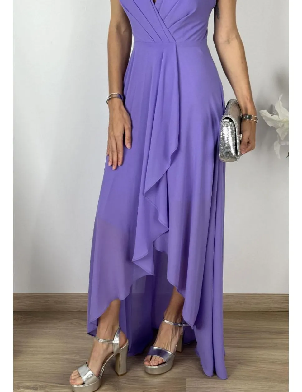 Vestido gasa falda asimétrica malva