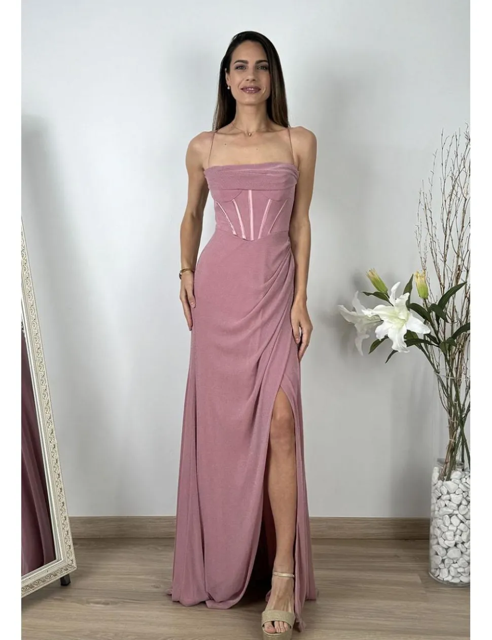 Vestido largo bandas corset rosa