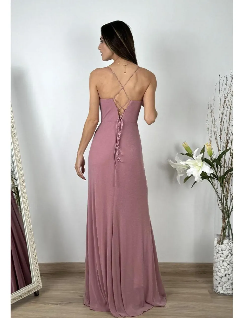 Vestido largo bandas corset rosa