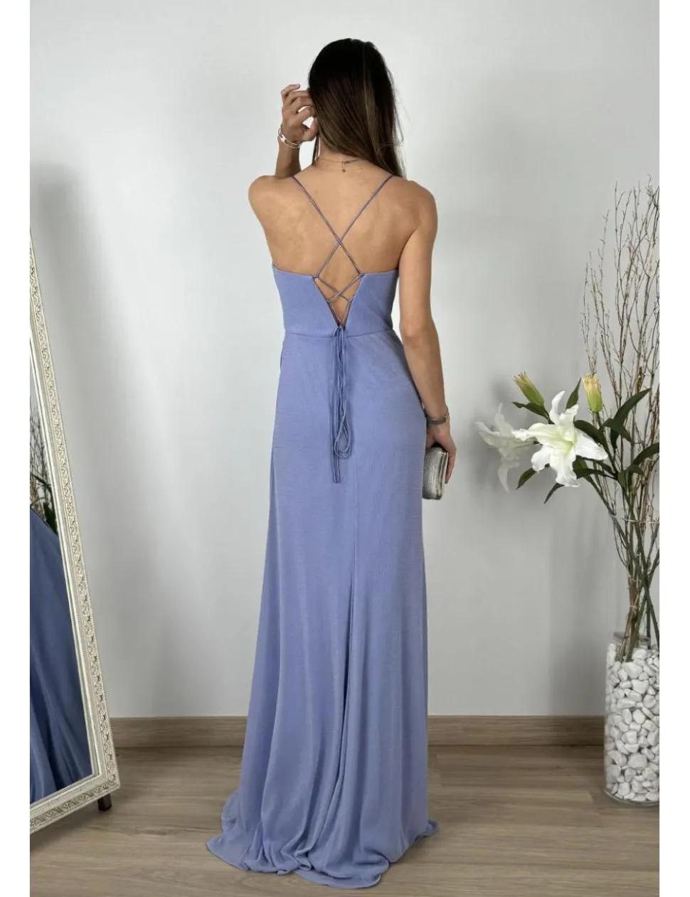 Vestido largo bandas corset malva