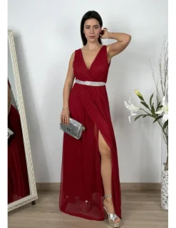 Vestido largo de gasa burdeos