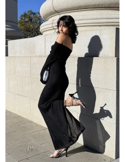 Vestido largo lurex bardot negro