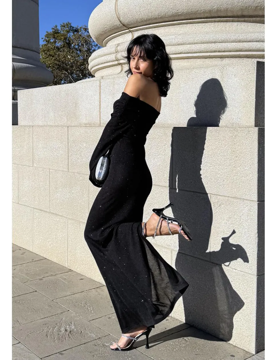 Vestido largo lurex bardot negro