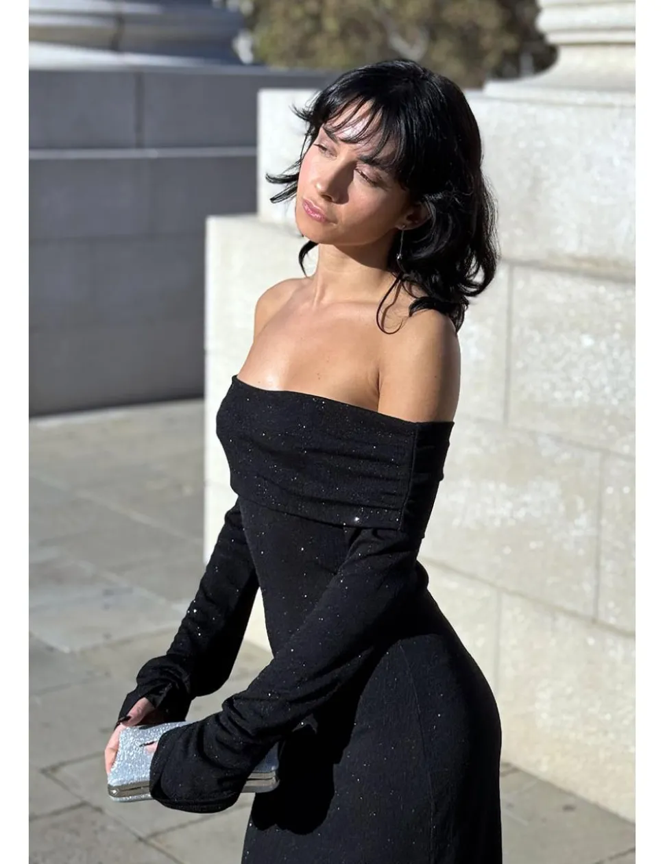 Vestido largo lurex bardot negro