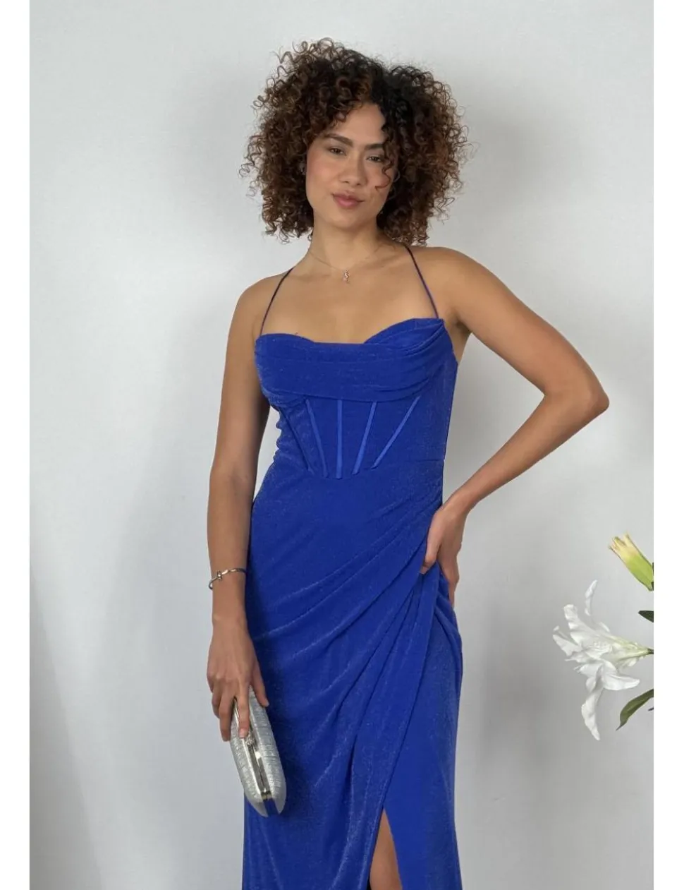Vestido largo lurex corset azul klein