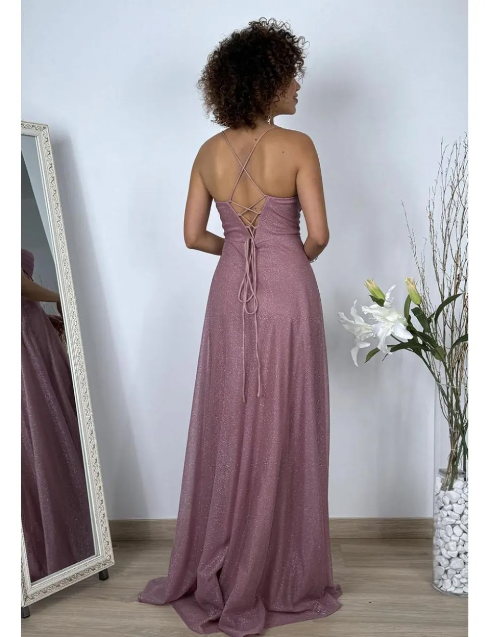 Vestido largo lurex corset rosa