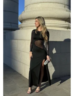 Vestido largo transparencia diamantes negro