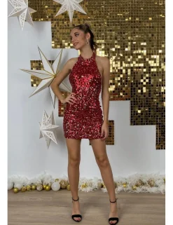 Vestido lentejuelas cuello hálter rojo