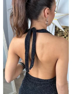 Vestido lurex atado al cuello negro-plata