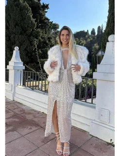 Vestido midi lentejuelas halter beige claro