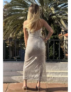 Vestido midi lentejuelas halter beige claro