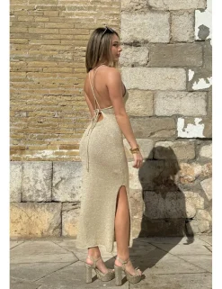 Vestido midi lurex halter oro