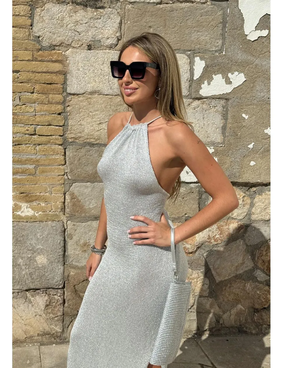 Vestido midi lurex halter plata