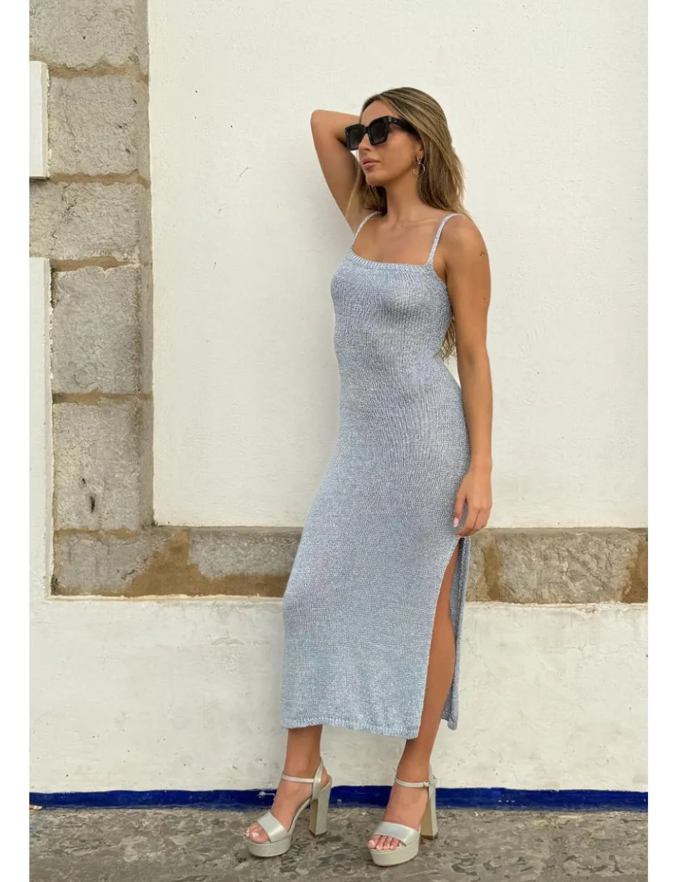 Vestido punto lúrex celeste