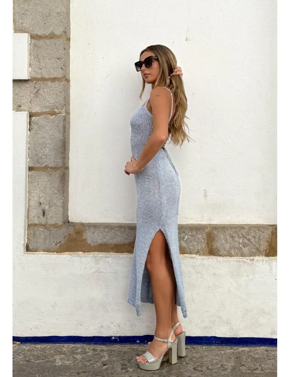 Vestido punto lúrex celeste