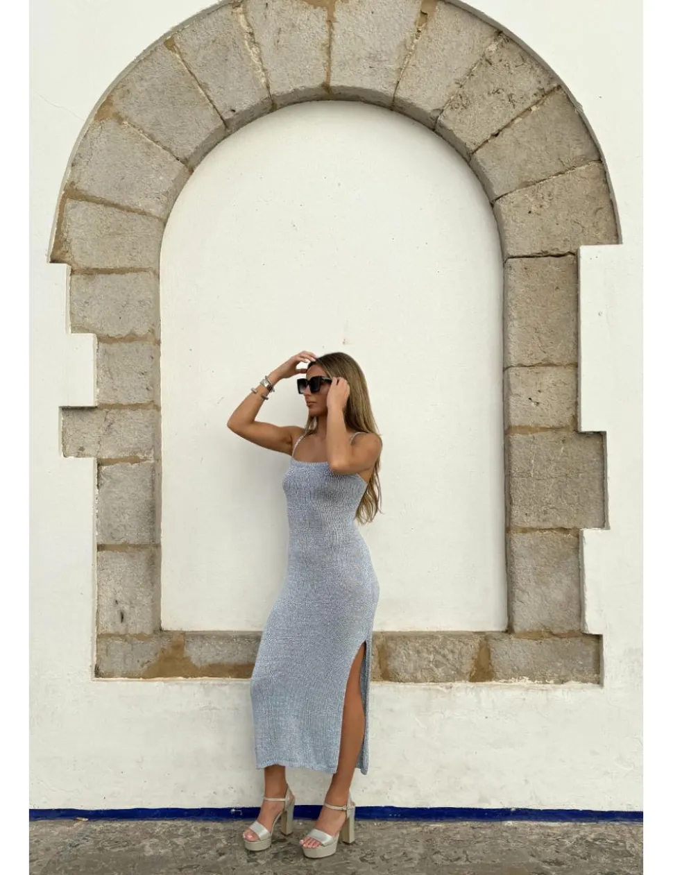Vestido punto lúrex celeste