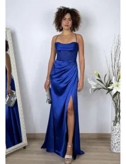 Vestido raso corset pedrería azul klein