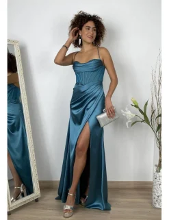Vestido raso corset pedrería verde