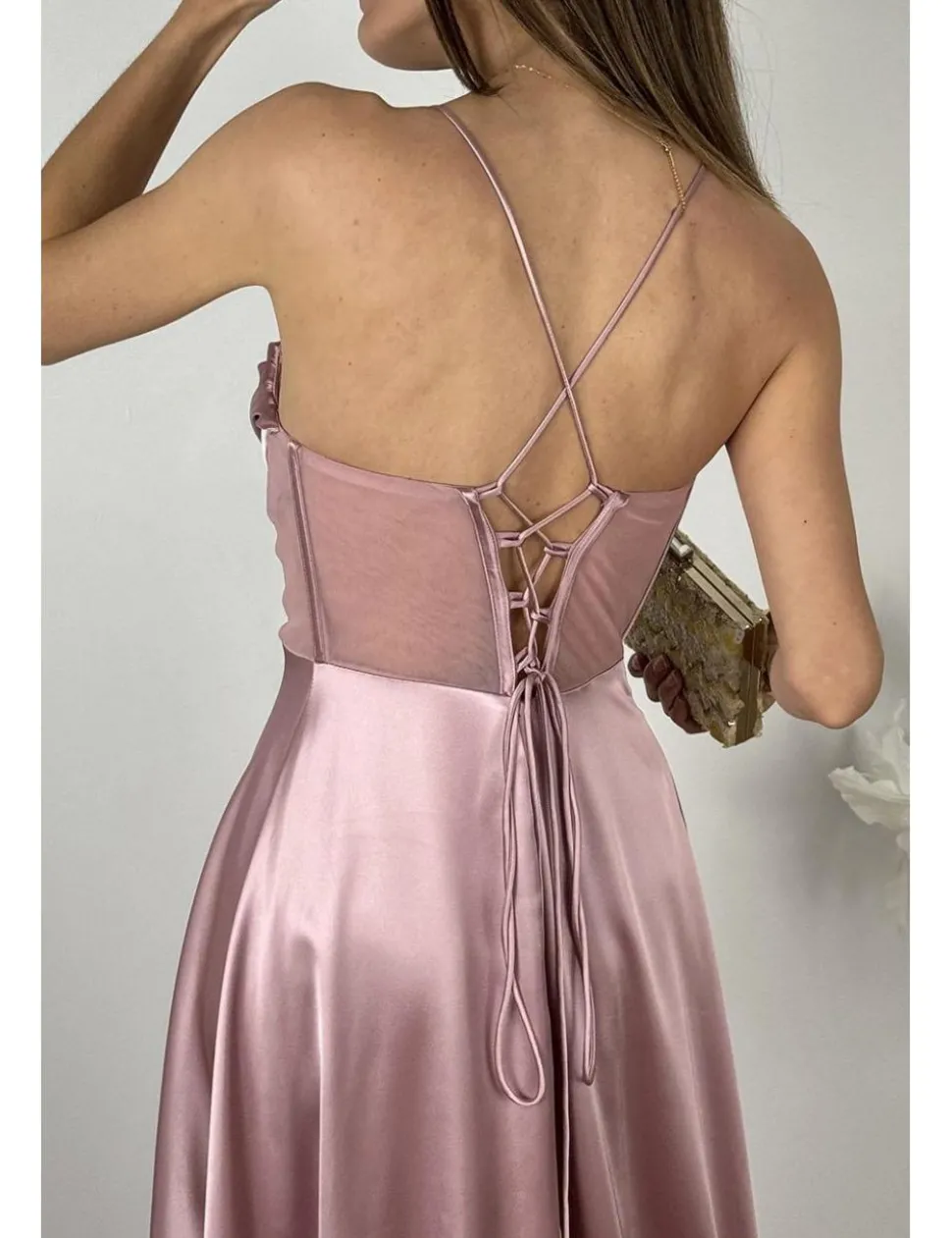 Vestido raso corset transparencia rosa