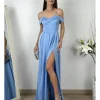 Vestido raso corte princesa celeste